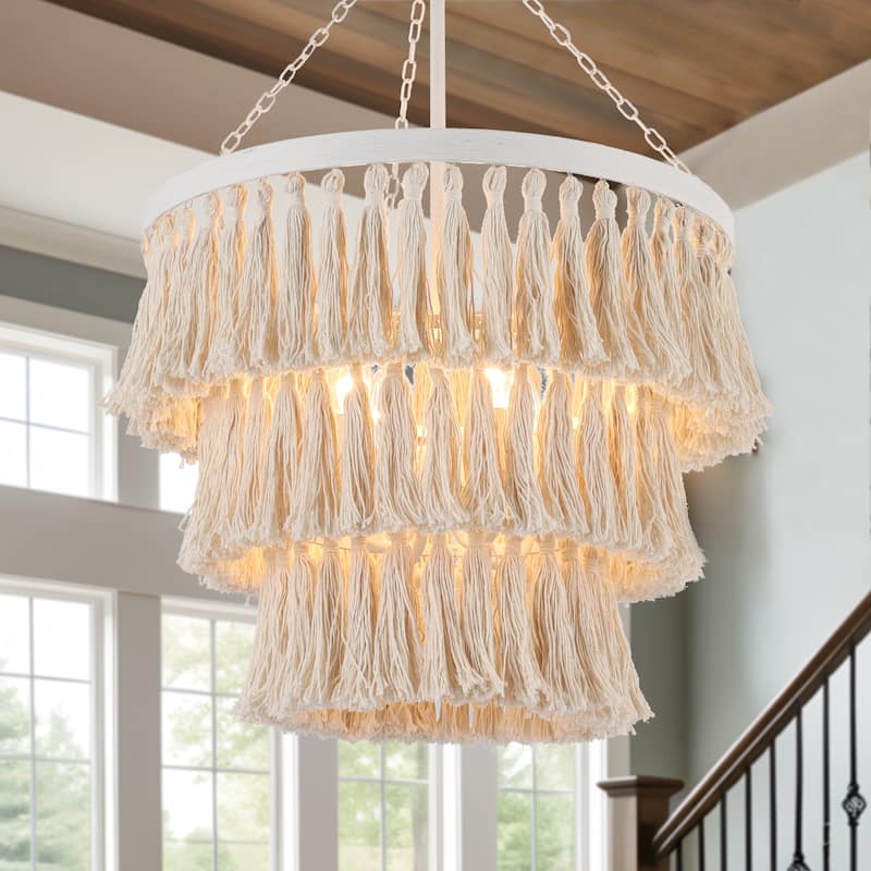 Stella Modern Farmhouse 4-Light Chandelier Boho Coastal 3-Tier Lights for Dining Room Bedroom - D18.5" x H28"
