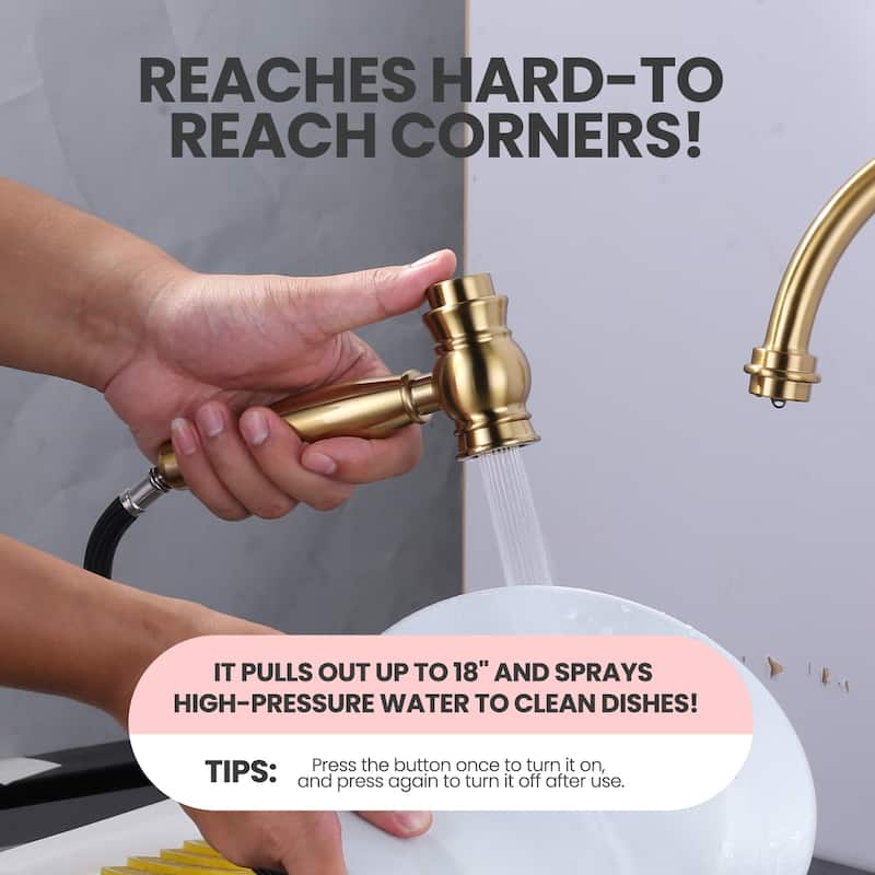 WOWOW Double Handle High Arc Bridge Kitchen Faucet with Side Sprayer