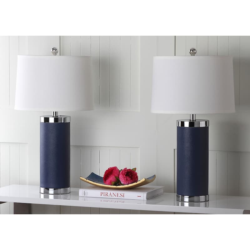 SAFAVIEH Lighting Karie 26-inch Leather Column Table Lamp (Set of 2) - 14"x14"x25" - 14"Wx14"Dx25"H - Navy