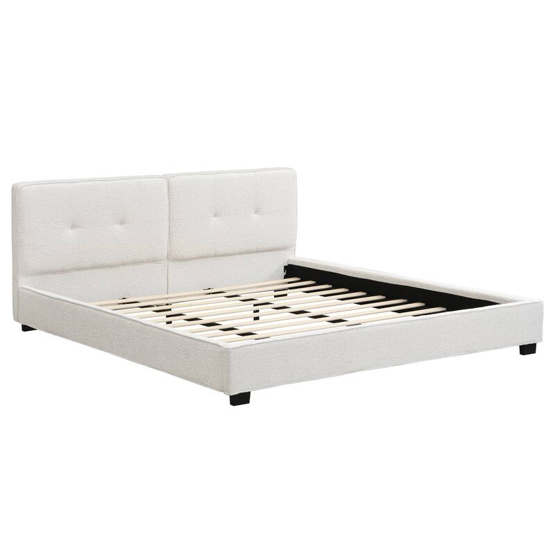 King Size Boucle Bed Frames, Upholstered Platform Bed with Curved Tufted Headboard, Soft Square Corners, Beige