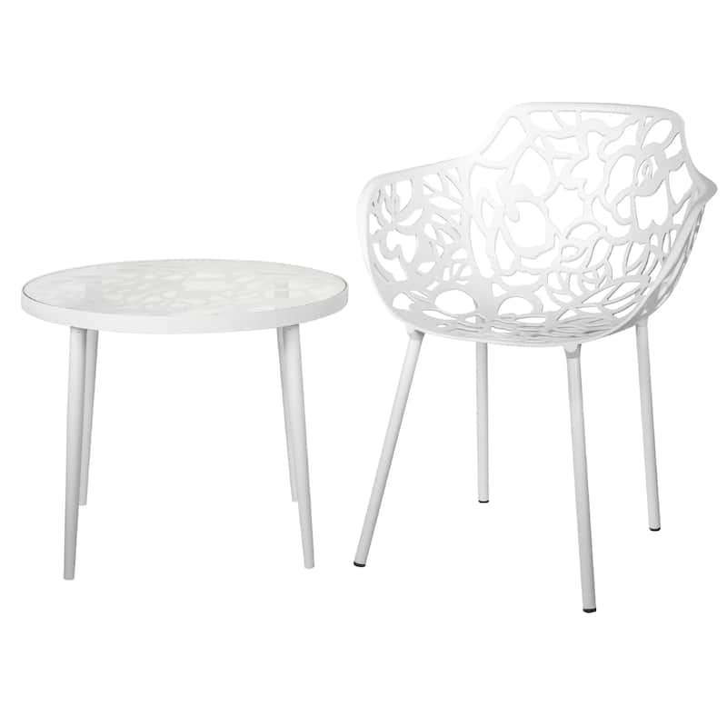 Devon Decorative Modern Floral Cutout Glass Top Patio Coffee Side Table with Aluminum Frame for Indoor Outdoor - 23 x 23