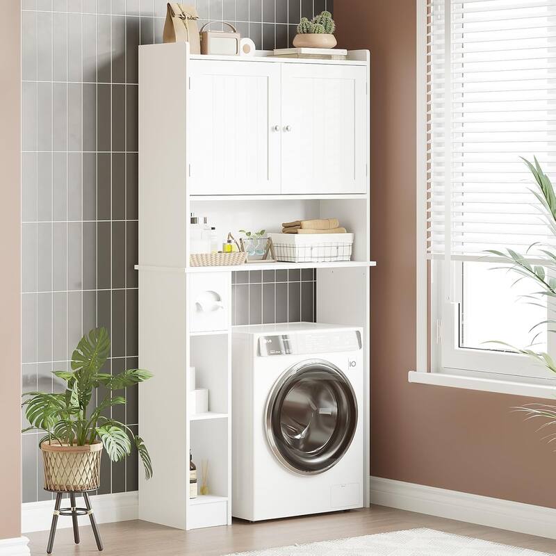Over The Toilet Storage Cabinet Double Door Bathroom Organizer with Adjustable Shelves, Toilet Paper Holder - White(Double Door)