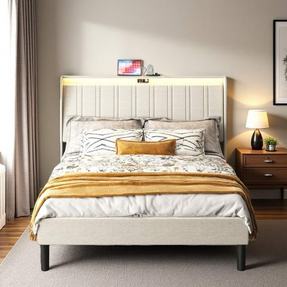 Queen Size Upholstered Platform Bed with Charging Ports, Padded Headboard and Wood Slat Support, Noise-Free Metal Frame