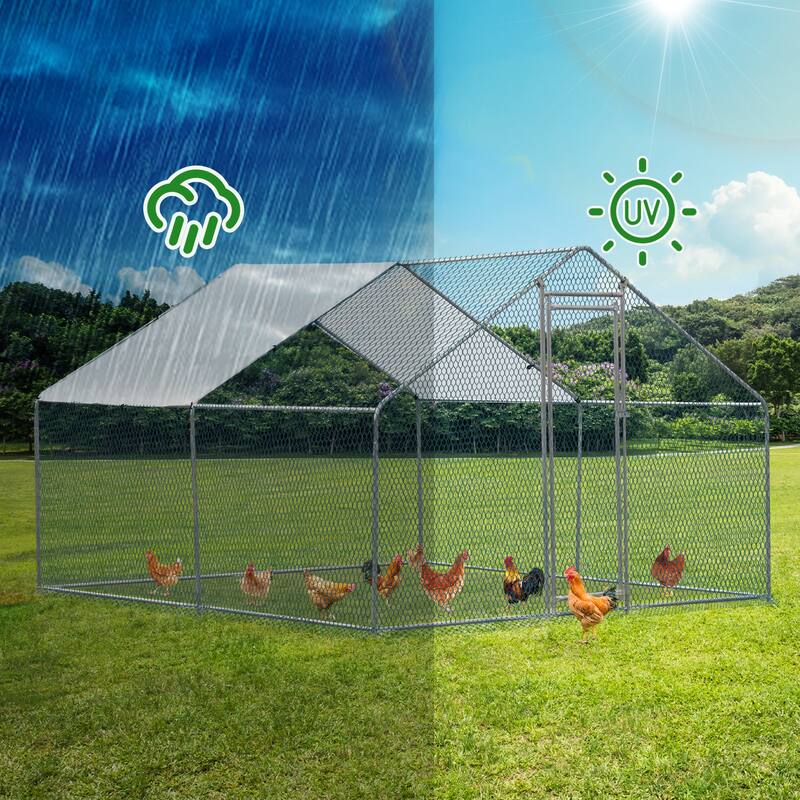 10x10 ft Metal Chicken Coop with Waterproof Cover and Lockable Door