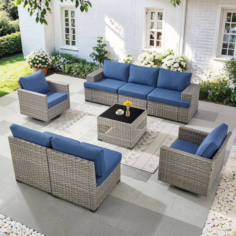 Pocassy Wicker Rattan Outdoor Sectional Sofa Patio Conversation Set - Blue Cushion - Combination 5 - Sofa with Swivel Chairs Table