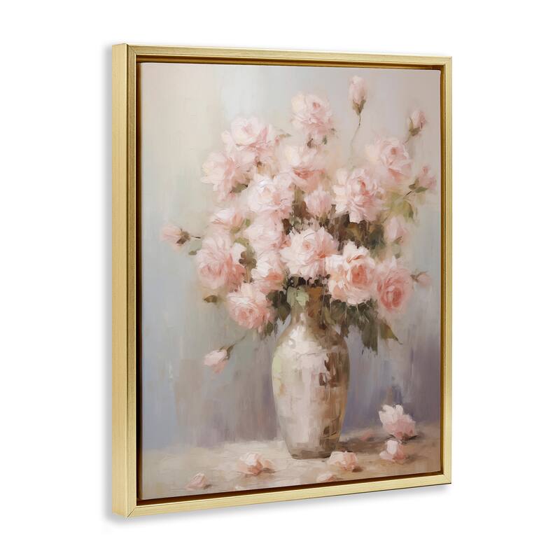 Stupell Vase of Soft Pink Roses Framed Floater Canvas Wall Art Design By Arlington Prints