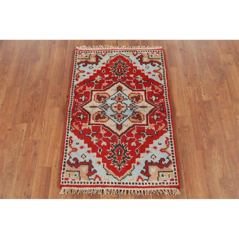 Geometric Red Kazak Indian Accent Rug Hand-Knotted Wool Carpet - 2'0"x 3'0"