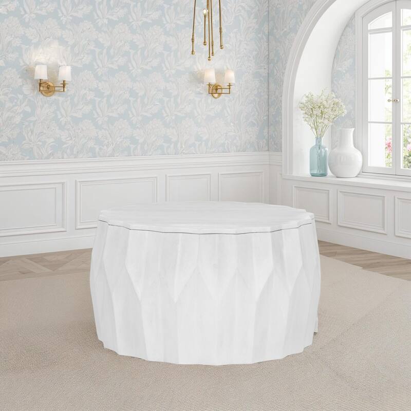 Facet 30" Diamond Carved Round Mango Wood Coffee Table - Elegant Cylindrical Base, Walnut Finish Accent Table