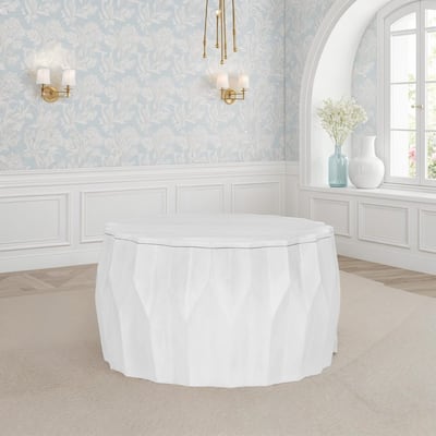 Facet 30" Diamond Carved Round Mango Wood Coffee Table - Elegant Cylindrical Base, Walnut Finish Accent Table