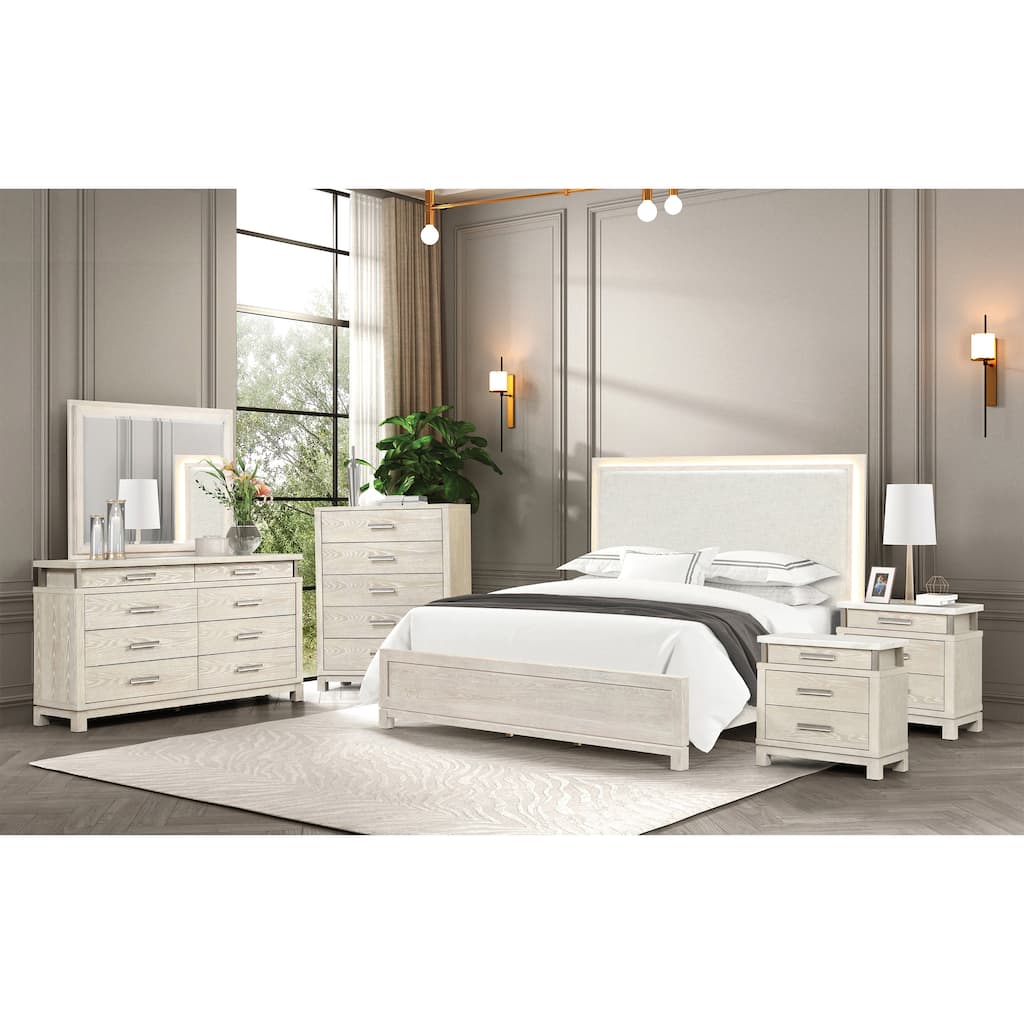 Furniture of America Nansice 6-Piece Weathered Grey Wood Panel Bedroom Set with LED Headboard