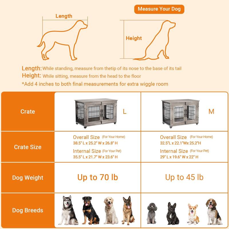 Dog Crate Indoor Heavy Duty Double Doors Wooden Dog Cage with Cushion