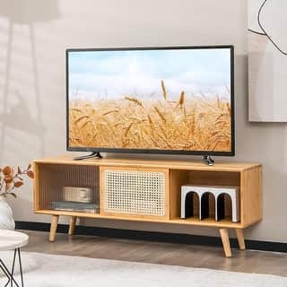 Bamboo 55" TV Media Console w/PE Rattan & Tempered Glass Sliding Doors