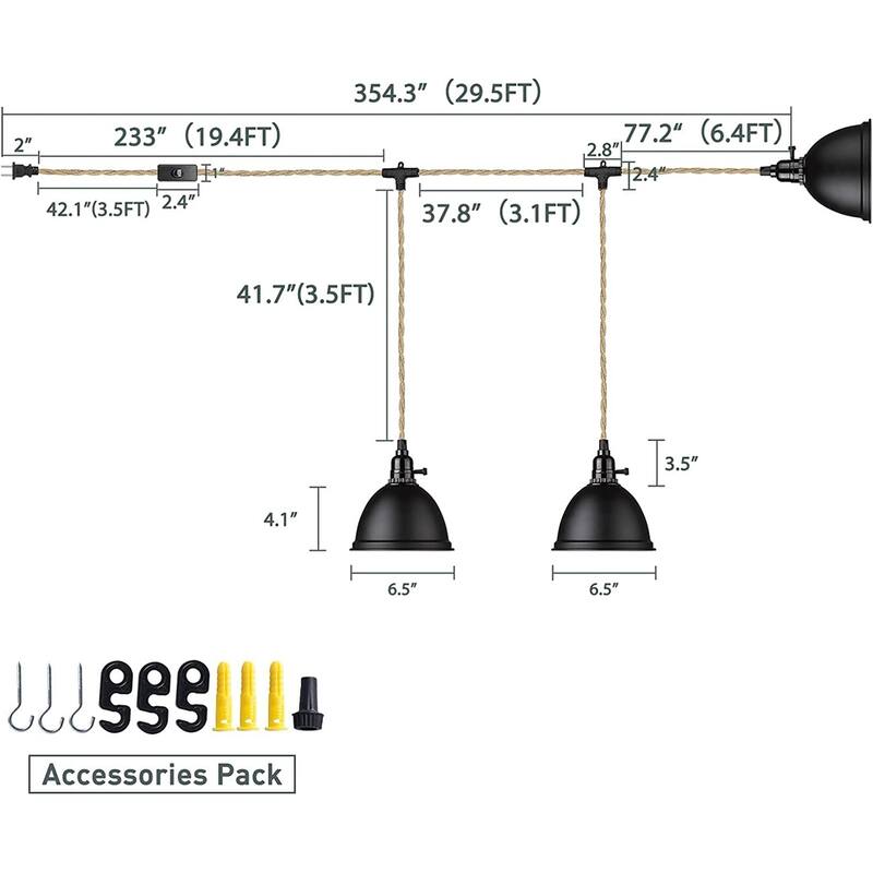 3-Light Pendant Light with Plug in Cord - 29FT Industrial Hanging Lamp with Twisted Hemp Rope Independent Switch