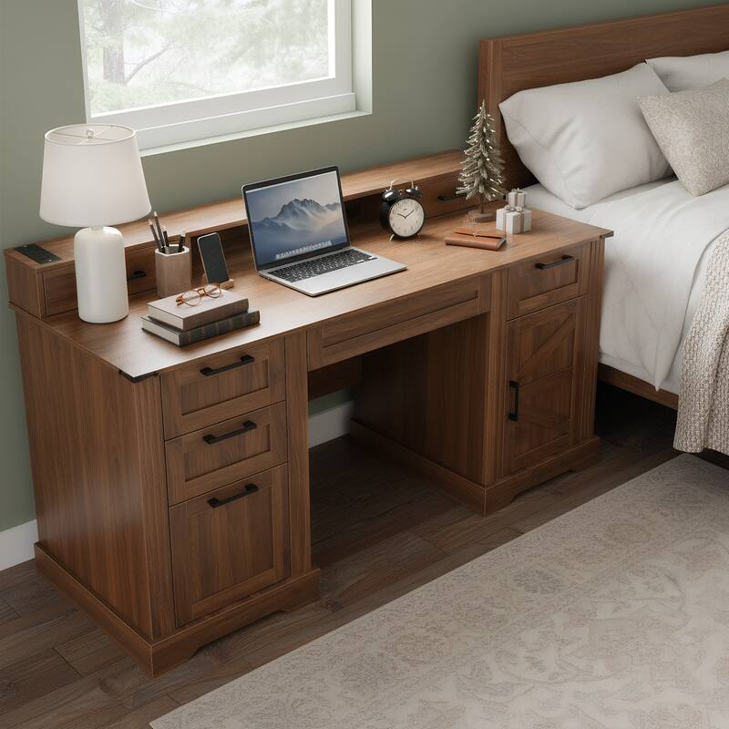59" Farmhouse Office Desk with Charging Station, Barn Door, File Drawer & Monitor Stand