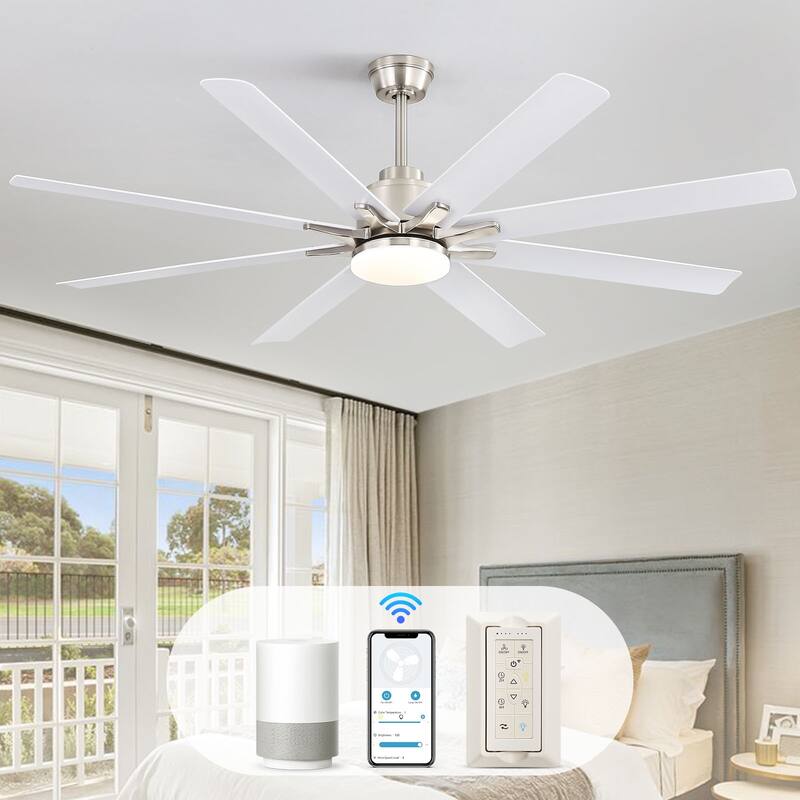 52/66/72/84 Inch Smart Ceiling Fan with Light ,Wall Switch, APP Control,Dimmable LED,8 Blades