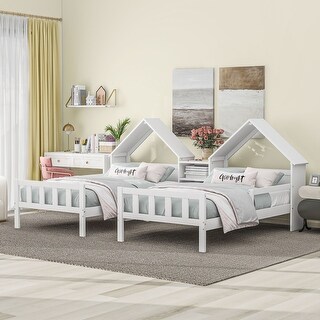 Twin Size Platform Bed with House-Shaped Headboard, Built-in Nightstand, and Guardrails