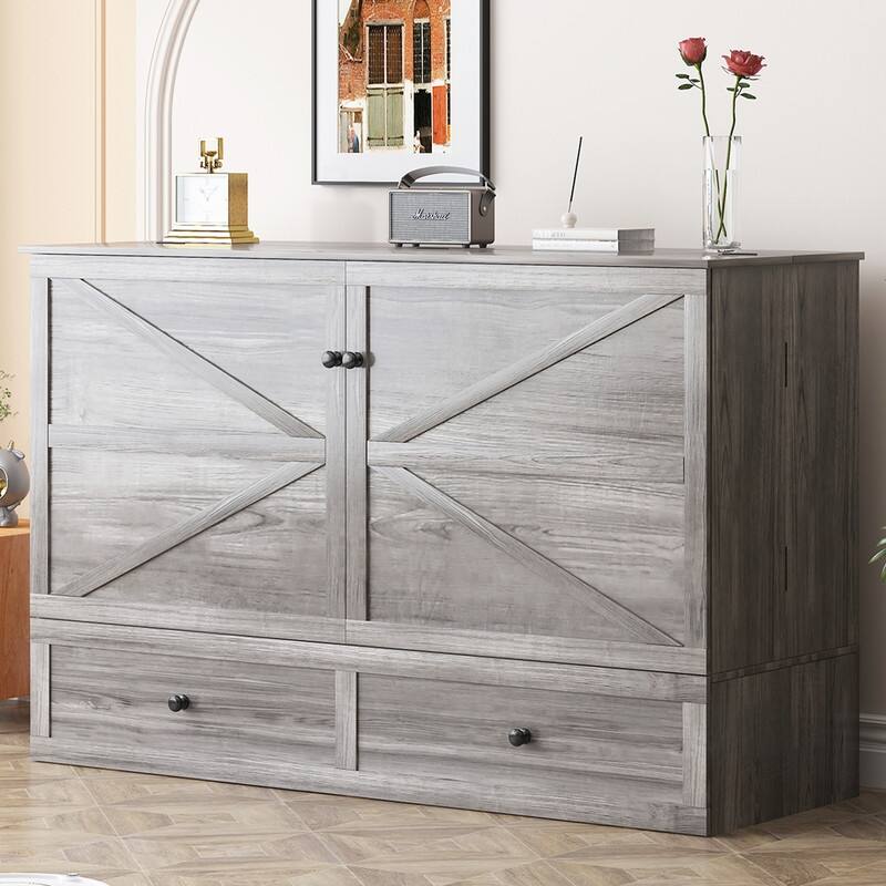 Mixoy Modern Full/Queen Size Murphy Bed Chest with Mattress and Storage