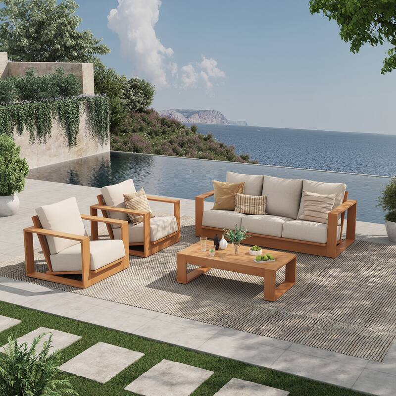 Outdoor Conversation Set 4-Piece Eucalyptus Wood 3-Seater Sofa Weather‑resistant Rope Weave with Coffee Table