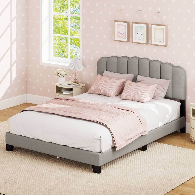 Costway Queen Size Bed Frame Linen Upholstered Platform Bed with