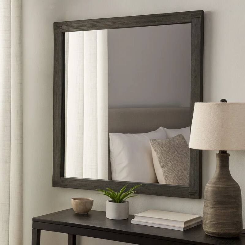 Wall Mirror with Rectangular Frame and Natural Wood Grain Details, Dark Brown