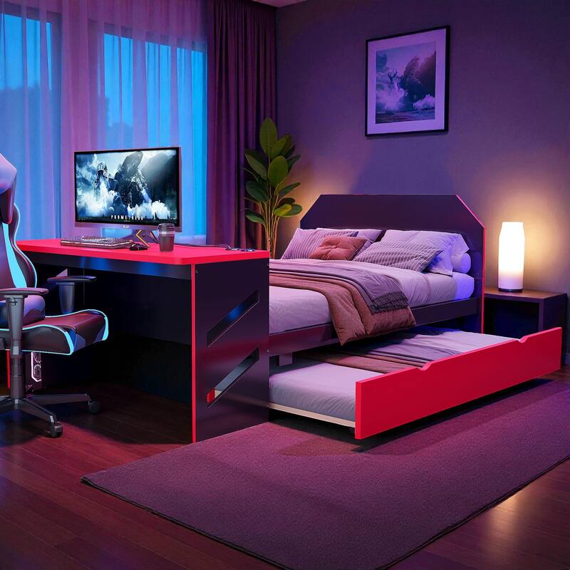 Full Size Wooden Daybed with Twin Trundle, Desk with USB Port, Storage-Friendly Design, Multi-Functional Bed Frame