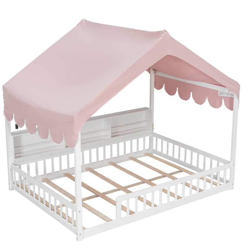 Full Size House-Shaped Daybed with Storage Bookshelves, Canopy Curtain and LED Light, Wooden Floor Bed with Fence