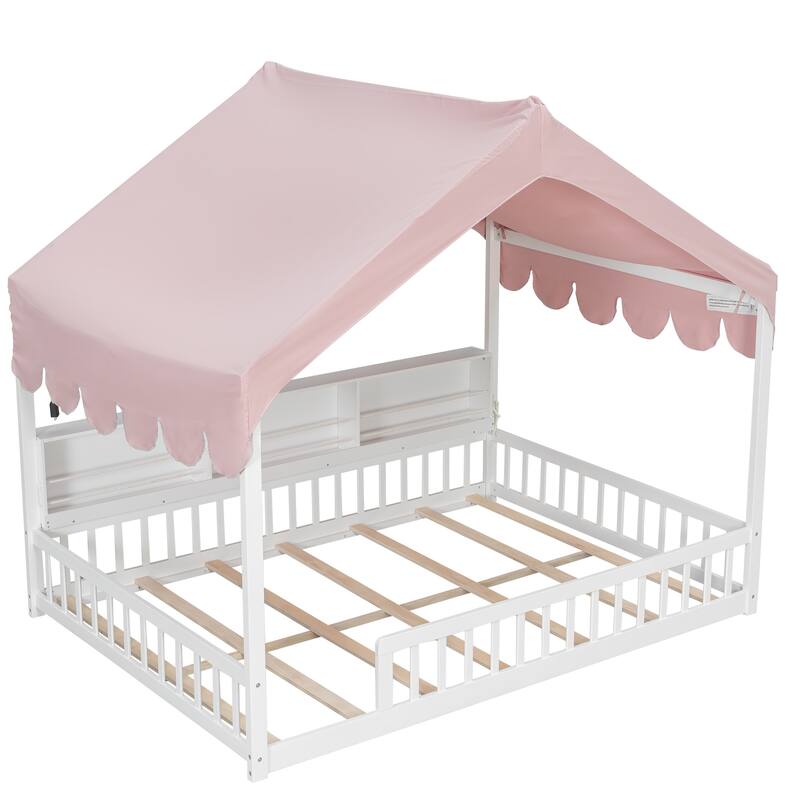 GDFStudio - Solid Wood Full Size House Floor Bed with Storage Shelves and LED