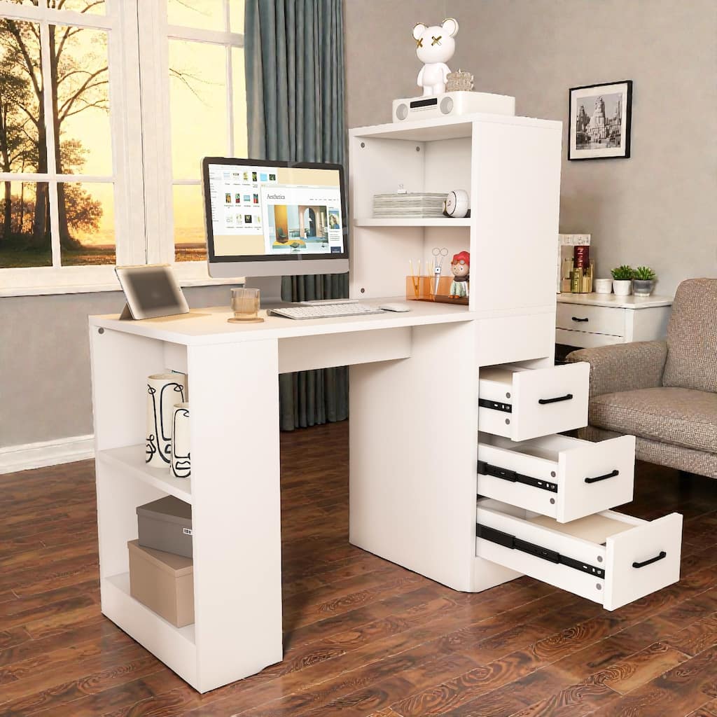 Computer Desk with Charging Station and Drawers, Office Desk with 4 Tier Storage Shelves for Home Office Study
