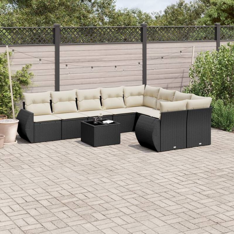 vidaXL Patio Sofa Set with Cushions Outdoor Conversation Furniture Poly Rattan - Black and cream with table - 21.7 x 21.7 x 14.6