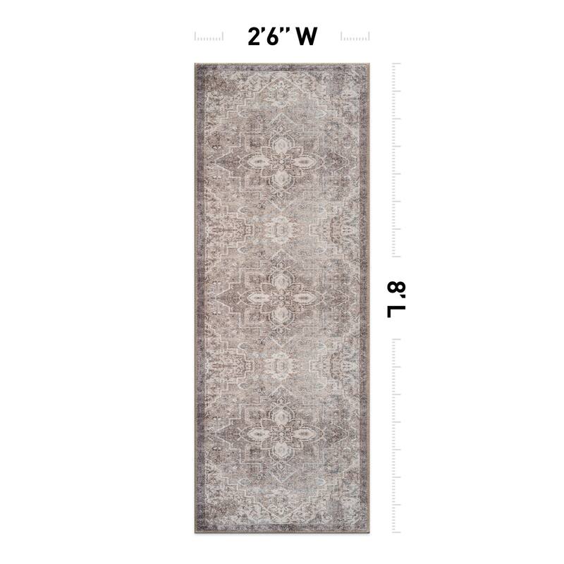 Beige Floral Medallion Washable Rug - Low Pile, Non-Slip