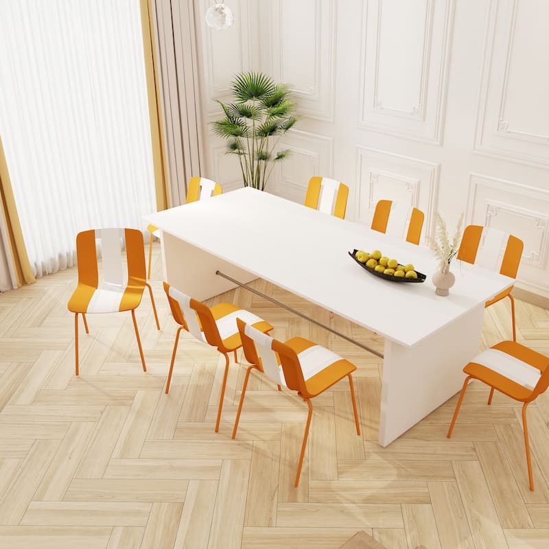 4-Pack Modern Striped Color Block Chairs - Indoor/Outdoor PP Plastic Seat & Sturdy Metal Legs, Vibrant Yellow, Orange, Green