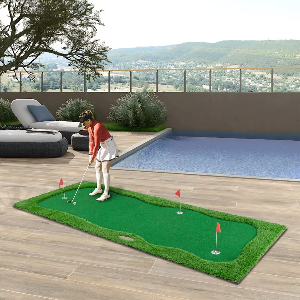 Green Golf Putting, Golf Training Mat with High-quality Turf, 3 Holes, 3 Flags and Cups for Indoor & Outdoor