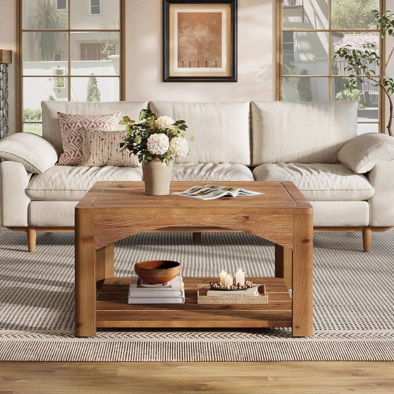 Solid Wood Coffee Table, 31.5-Inch Square Coffee Table - Brown