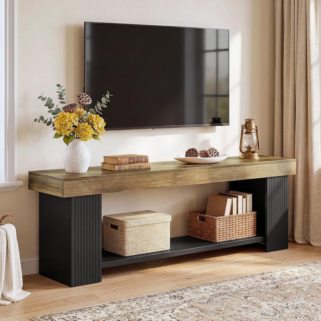 71-Inch Farmhouse TV Stand for Up to 80 Inch TVs, Fluted Wood Extra Long Entertainment Center with Open Storage Shelf