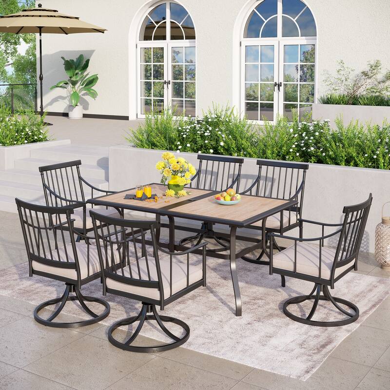 MAISON ARTS 7-Piece Patio Dining Set Wood-look Table & 6 Dining Arm Chairs - Swivel Chairs