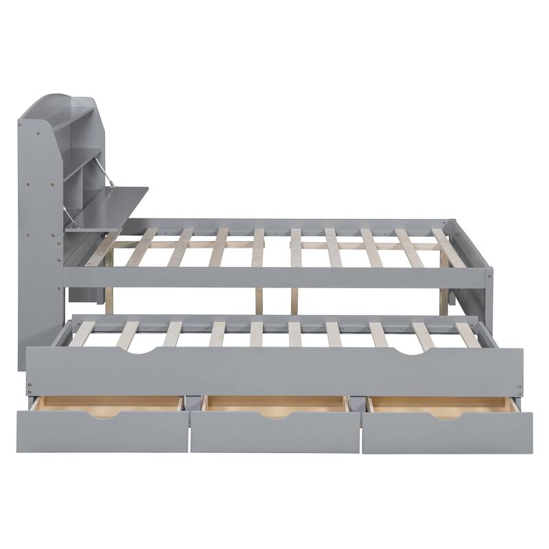 Full Size Platform Bed with Bookcase Headboard & USB Ports Outlets, Wooden Storage LED Bed Frame with Trundle & Storage Drawers