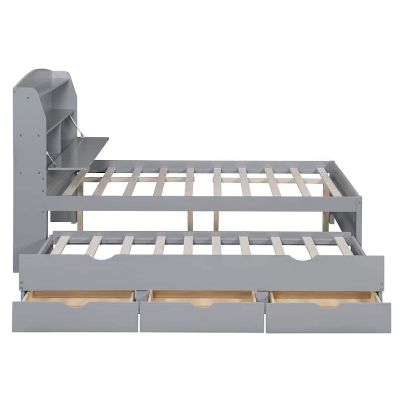 Full Size Wooden LED Platform Bed with Trundle, Storage Headboard Modern Floor Standing Bed Frame with Drawers