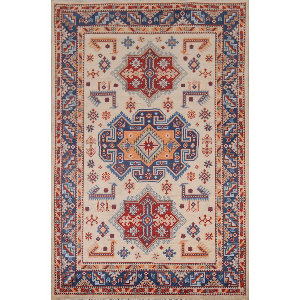 Geometric Beige / Ivory Kazak Accent Rug Hand-Knotted Wool Carpet - 4'0" x 6'1"