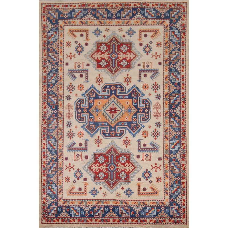 Geometric Beige / Ivory Kazak Accent Rug Hand-Knotted Wool Carpet - 4'0" x 6'1"