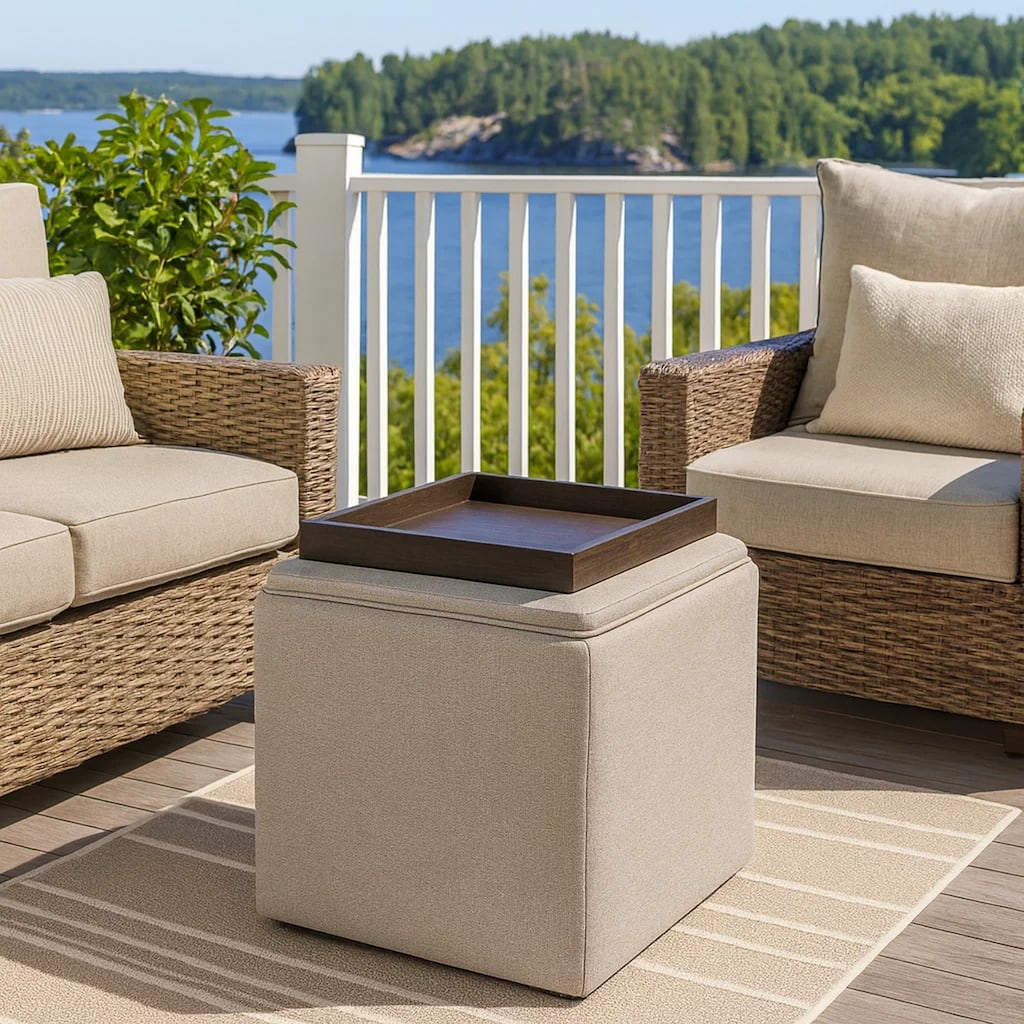 Soa Storage Ottoman, 18 Inch Square Tray Top, Light Brown Woven Fabric