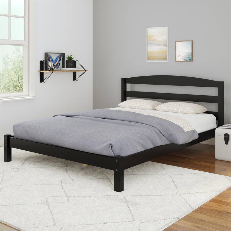 Solid Wood Platform Bed with Open Panel Headboard and Square Block Legs