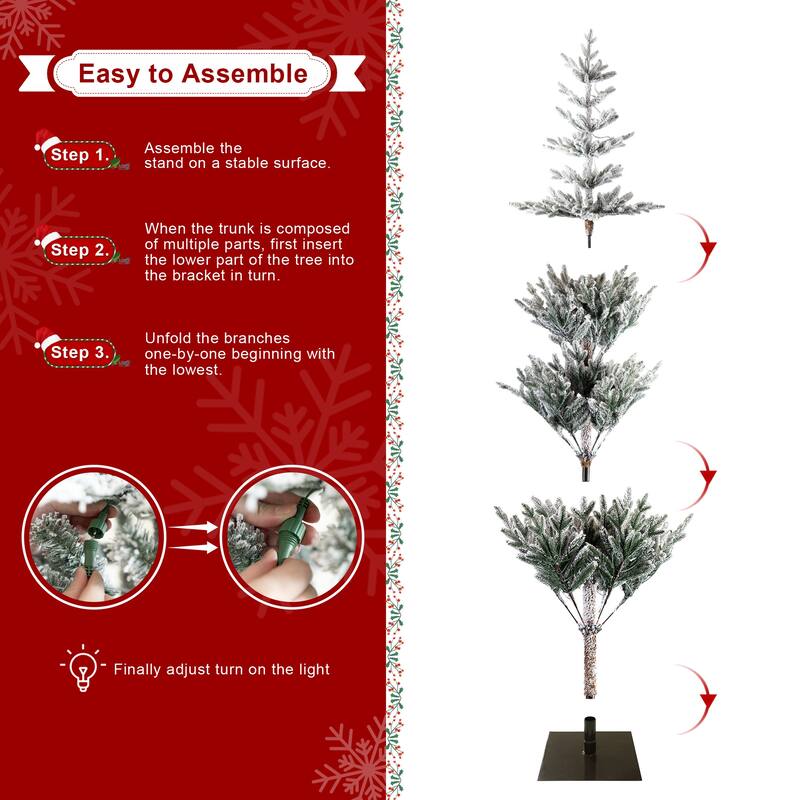 Glitzhome 6/7/9 FT Pre-Lit Flocked Slim Snowscape Fir Artificial Christmas Trees 2 or 3-Piece Set