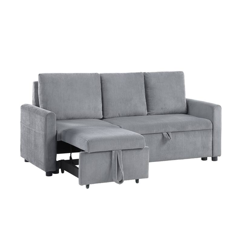 70"W Gray Corduroy Sofa with Pull-Out Chaise, Underseat Storage, Side Pocket
