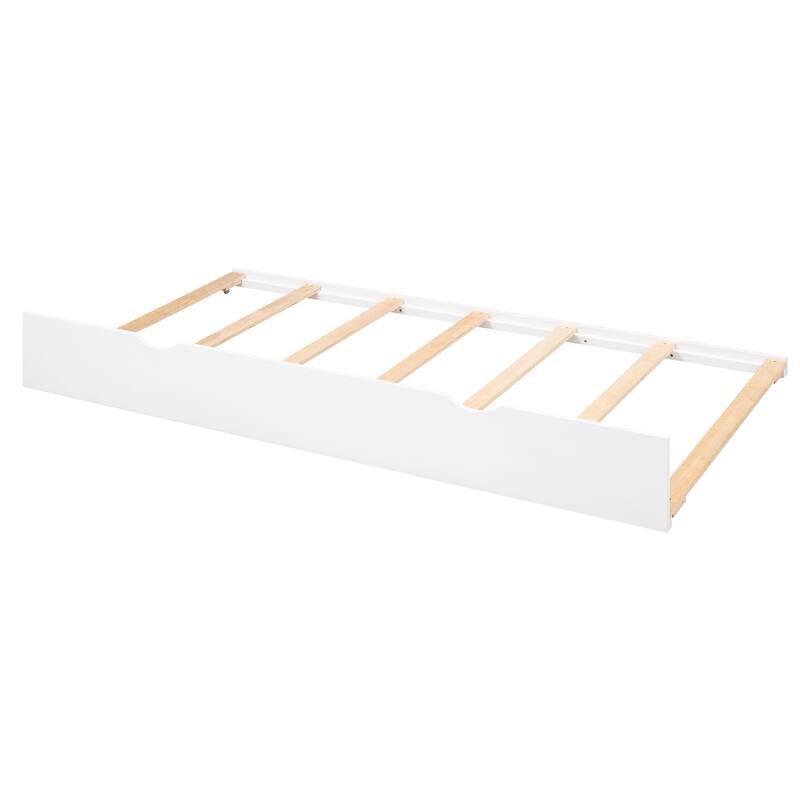 Full Size Storage Platform Bed with Pull Out Shelves, Twin Trundle, and 2 Drawers in White