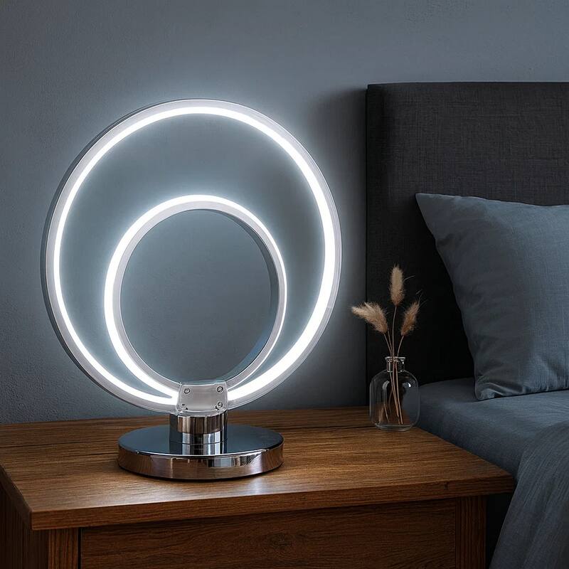 14 Inch Table Lamp, Modern Ring LED Light, Round Metal Base, Silver