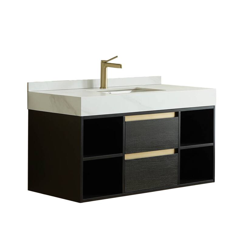 Modern Wall-Mounted Bathroom Vanity with Faux Marble Top and MDF Cabinet, Single Sink