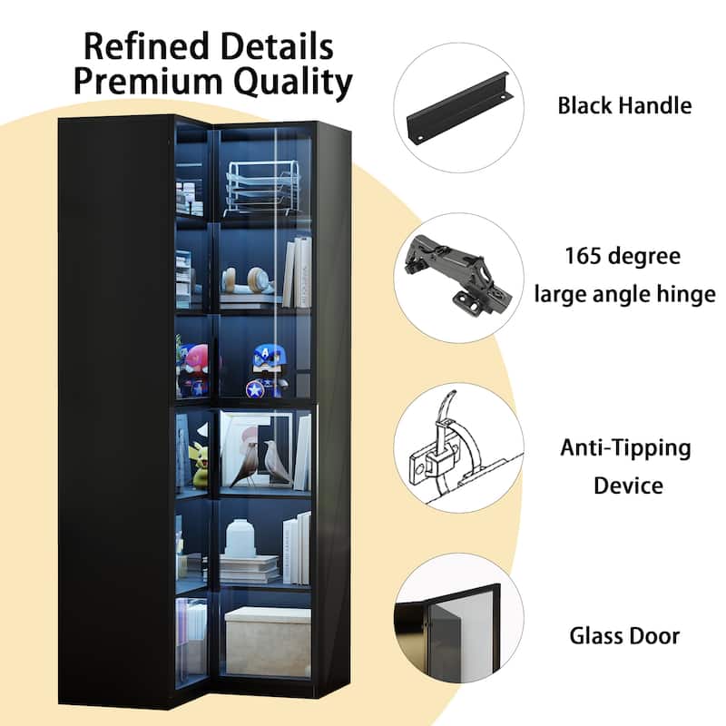 Tall Bookcase with LED Light, Modern 6-Tier Bookshelf Display Cabinet with Glass Door