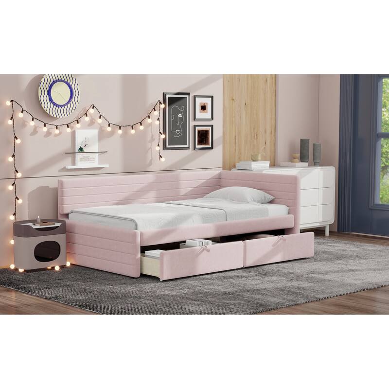 Twin Size Upholstered Daybed with Roll-Out Trundle, Space-Saving Wooden Frame, No Box Spring Needed