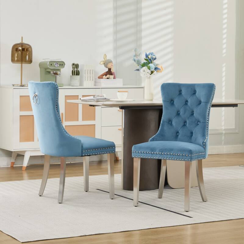 Velvet Dining Chairs Set of 2, Button Tufted Upholstered Dining Chair, Kitchen Chairs with Nailhead Trim & Stainless Steel Legs