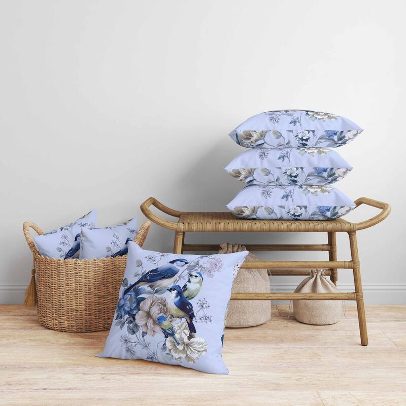 Petal Perched Birds Faux Suede Reversible Throw Pillow Skyblue and Lavender